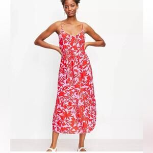 LOFT Pink & Red Large Bold Graphic Floral Tiered Rayon Maxi Slip Dress S